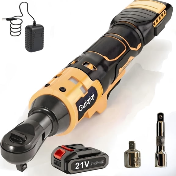 Guiqiqi 21V Cordless Electric Ratchet Wrench, 1 Battery & Charger with Drive Adapters