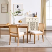 Guyou Farmhouse Rattan Dining Chairs Set of 2, Modern Wooden Kitchen Chairs with Cane Back, Chenille Upholstered Dining Room Chairs, Boho Wicker Woven Dining Side Chairs for Dining Room, White
