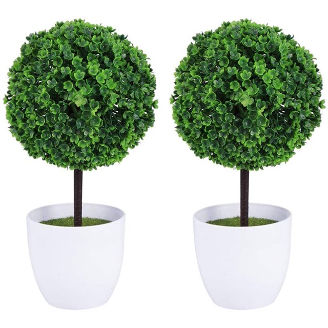 Juego de 2 macetas pequeñas de flores artificiales en forma de topiario, en cerámica blanca Fokelyi YQ-0256