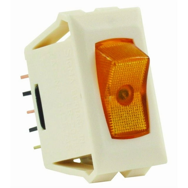 JR Interrupteur Multi-Usage 12575 12 Volts; Interrupteur Unique; Jeté Simple SPST; Rocker; Découpe 1.125 Pouces x 0.550 Pouces; Interrupteur 1.120 Pouces x 0.547 Pouces; Ambre Illuminé; Ivoire
