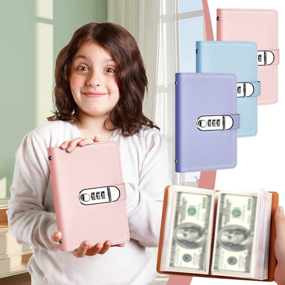 Oefntac Savings Binder Savings Binder with 100 Envelope,Leather Zip Budget Organizer,Elastic Strap,Double Sided 50 Page,Easy Carry for Home Finance,Money Saving Book