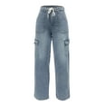 thumbnail image 6 of Womens Casual Drawstring Denim Pants 2024 Vintage Outdoor Cargo Pants Straight Leg High Waisted Trousers with Multi-pocket, 6 of 8