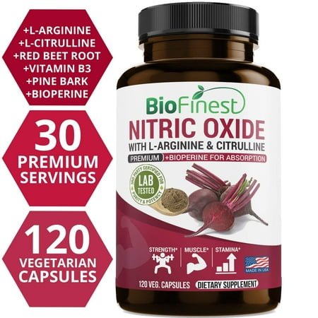 Biofinest N.O. Nitric Oxide Supplements - with Extra Strength L Arginine Citrulline & Amino Acids - 1200mg - Powerful NO Booster For Men, Sex, Training, Muscle Growth, Energy (120 Vegetarian