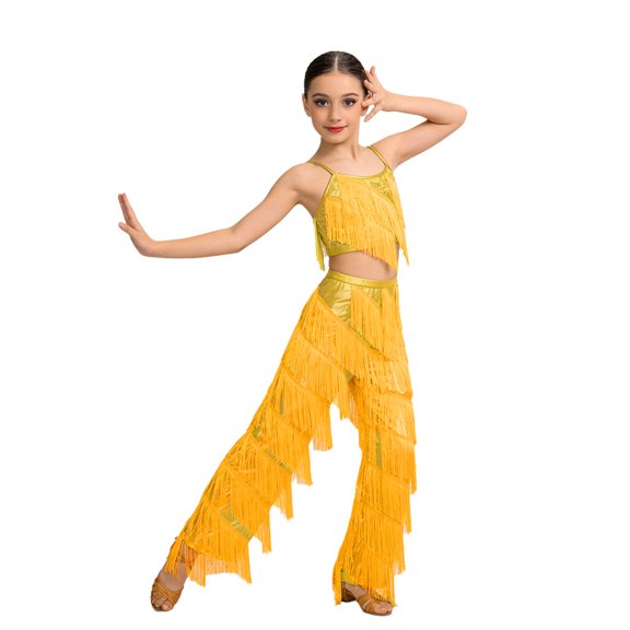 TiaoBug Girls Latin Dance Outfits Sequin Tassels Crop Top with Fringe Pants Cha Cha Tango Performance Wear Gold 12