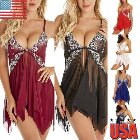 

Womens Babydoll Sheer Lace Lingerie Dress G-String Open Front Pajamas