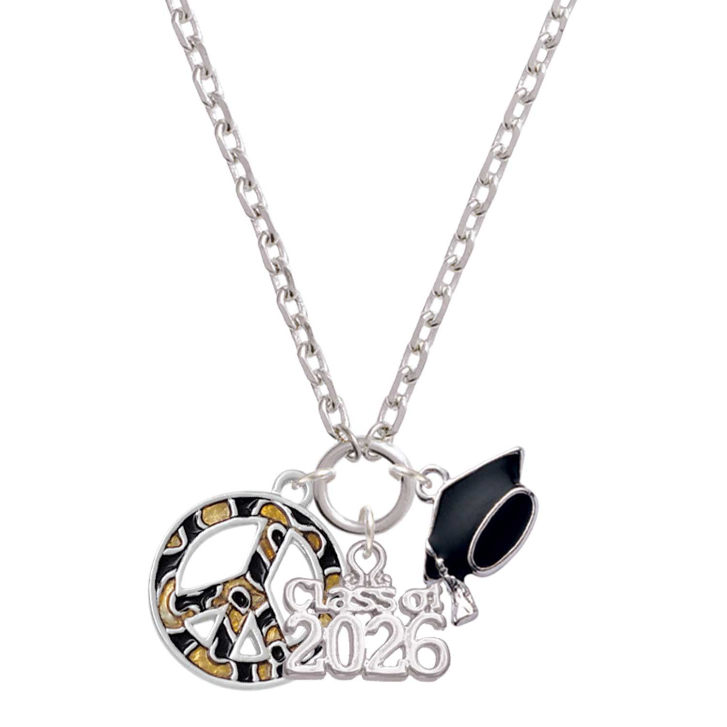 Delight Jewelry Silver-tone Large Brown Cheetah Print Peace Sign - Class of 2026 Graduation Zoey Charm Necklace, 28"