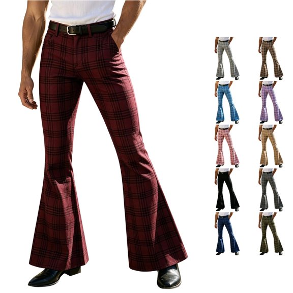 Venzia Men Green Plaid Flared Trousers, Vintage High Waist Bell Bottom Pants, Retro Business Casual Dress Pants