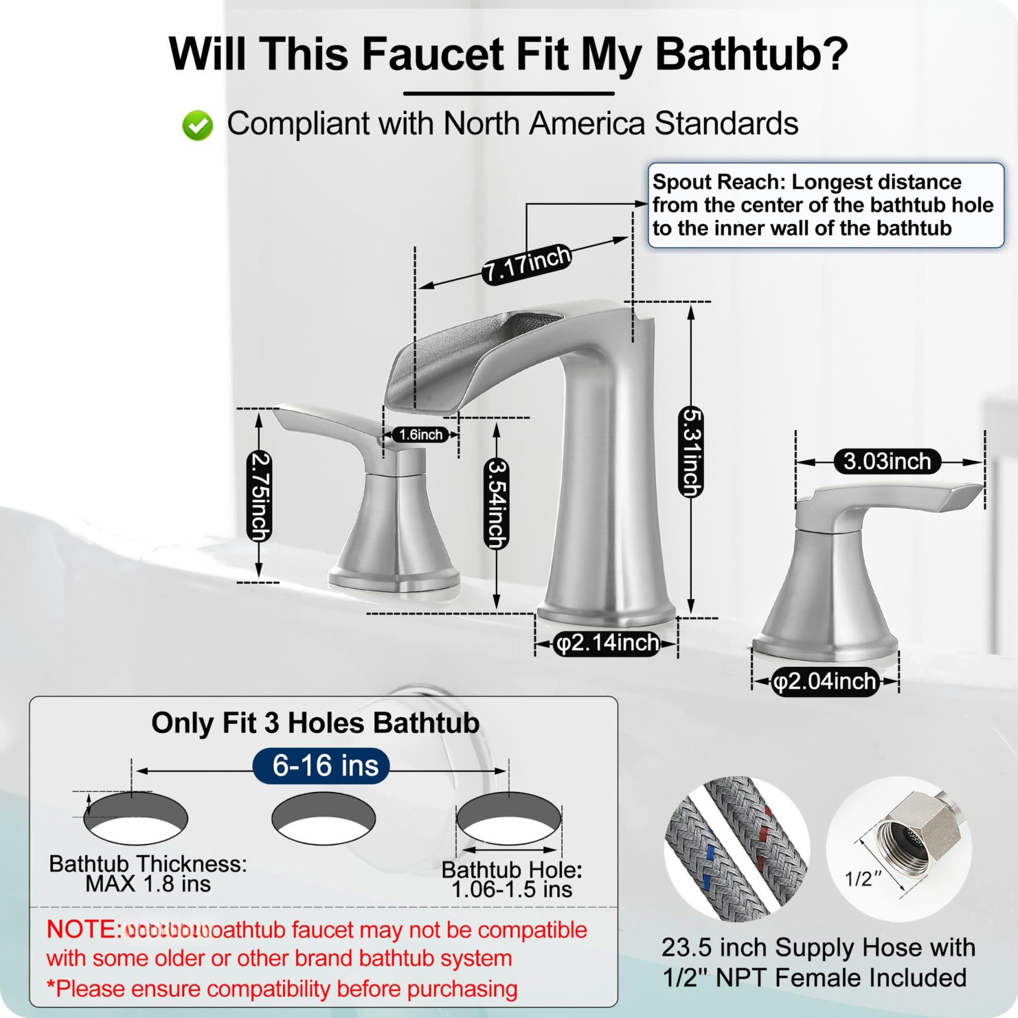 3 Hole Roman Tub Faucet Waterfall Brushed Nickel Bathtub Set, Deck Mount for 2 Handle Bath Faucets