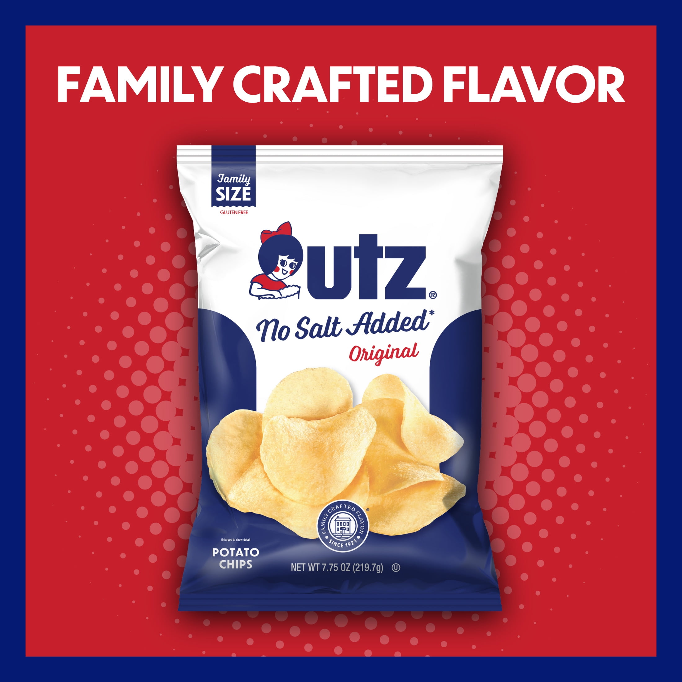 Utz No Salt Added Original Potato Chips, Gluten-Free, Family Size, 7.75 oz Bag