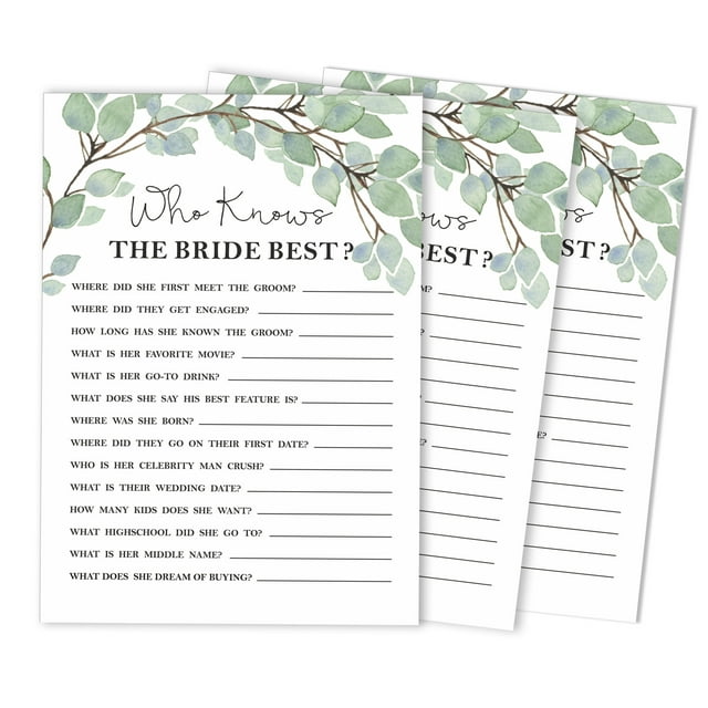 Inkdotpot 50-PackGreeneryHow Well Do You Know The Bride Bridal Shower Bachelorette PartyGameWho Know The Bride Best ActivityCards