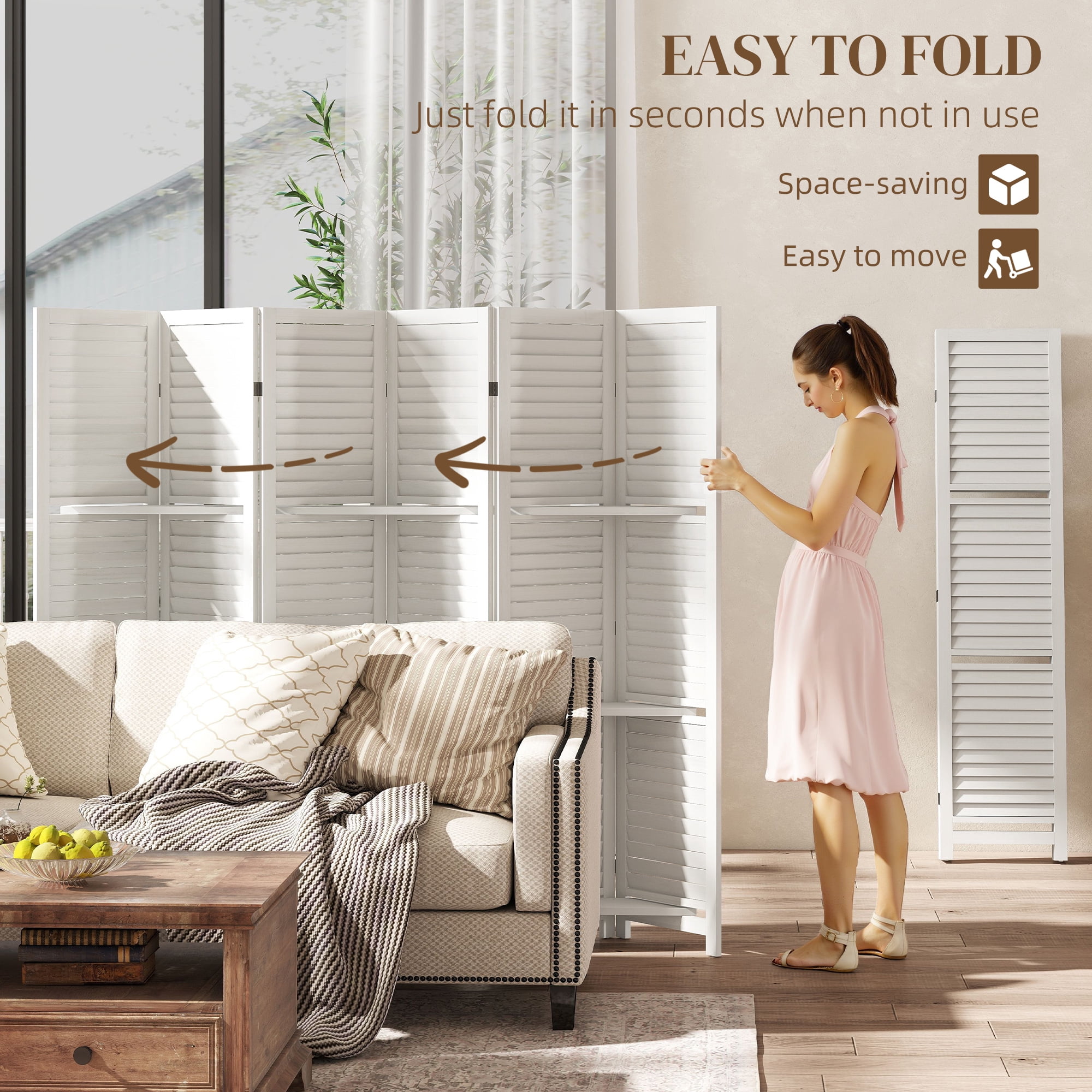 HOMCOM 6 Panel 67" Tall Wood Privacy Screen Room Divider with 3 Display Shelves, and Folding Storage for Bedroom or Home Office, White