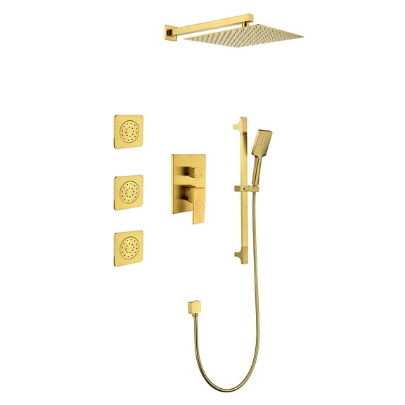JERFIT Brushed Gold Shower System with Rainfall Shower Head, Handheld Spray, Slide Bar & Body Sprays, Wall Mounted Bath Set