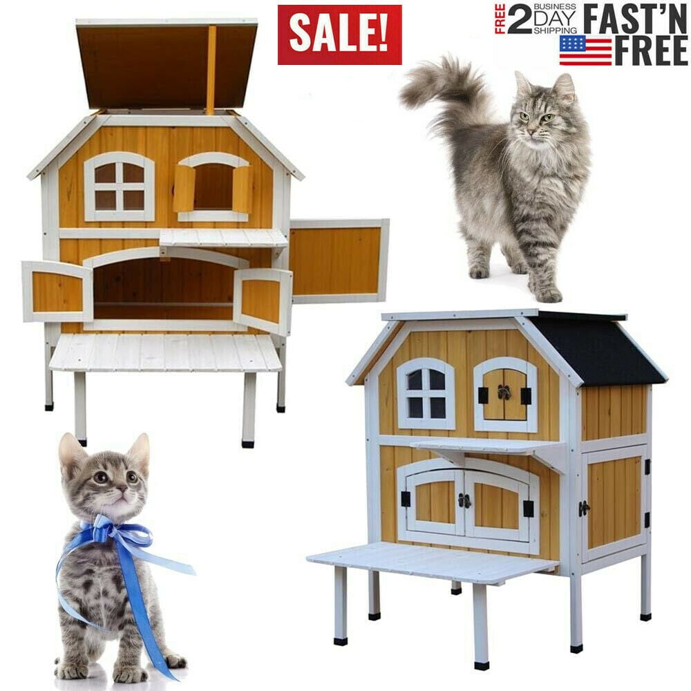 2Story Wooden Raised Elevated Cat Cottage Pet House Puppy House Condo