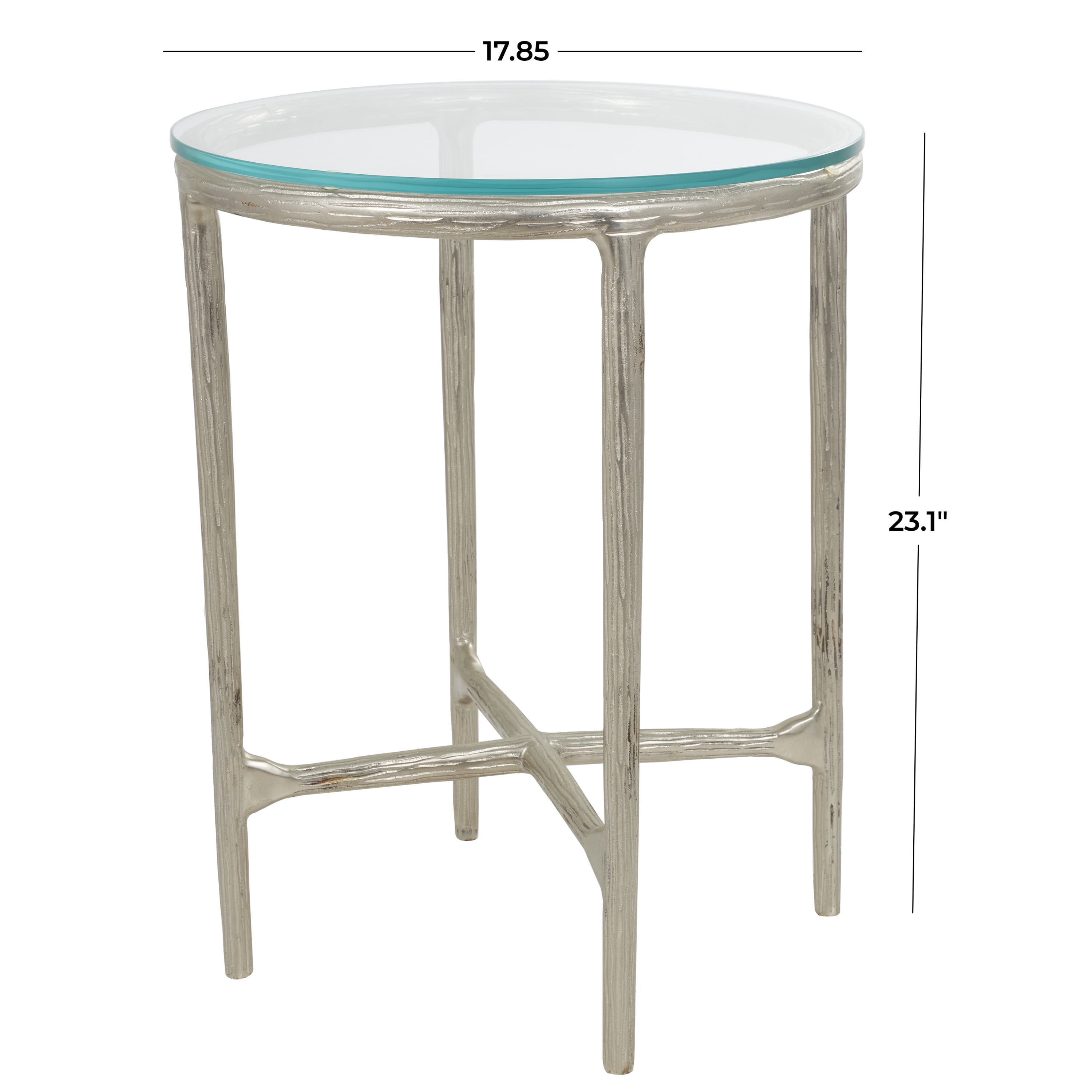 DecMode 18" x 23" Silver Aluminum Textured Accent Table with Glass Tabletop, 1-Piece