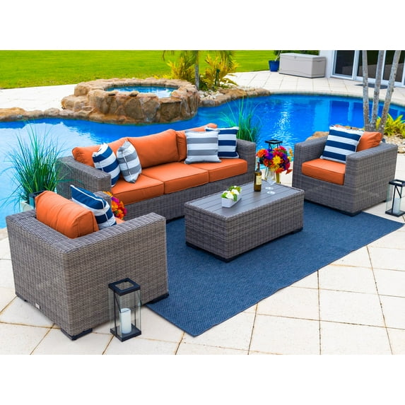 Tuscany 4-Piece L Resin Wicker Outdoor Patio Furniture Conversation Sofa Set with Three-seat Sofa, Two Armchairs, and Coffee Table (Half-Round Gray Wicker, Sunbrella Canvas Tuscan )