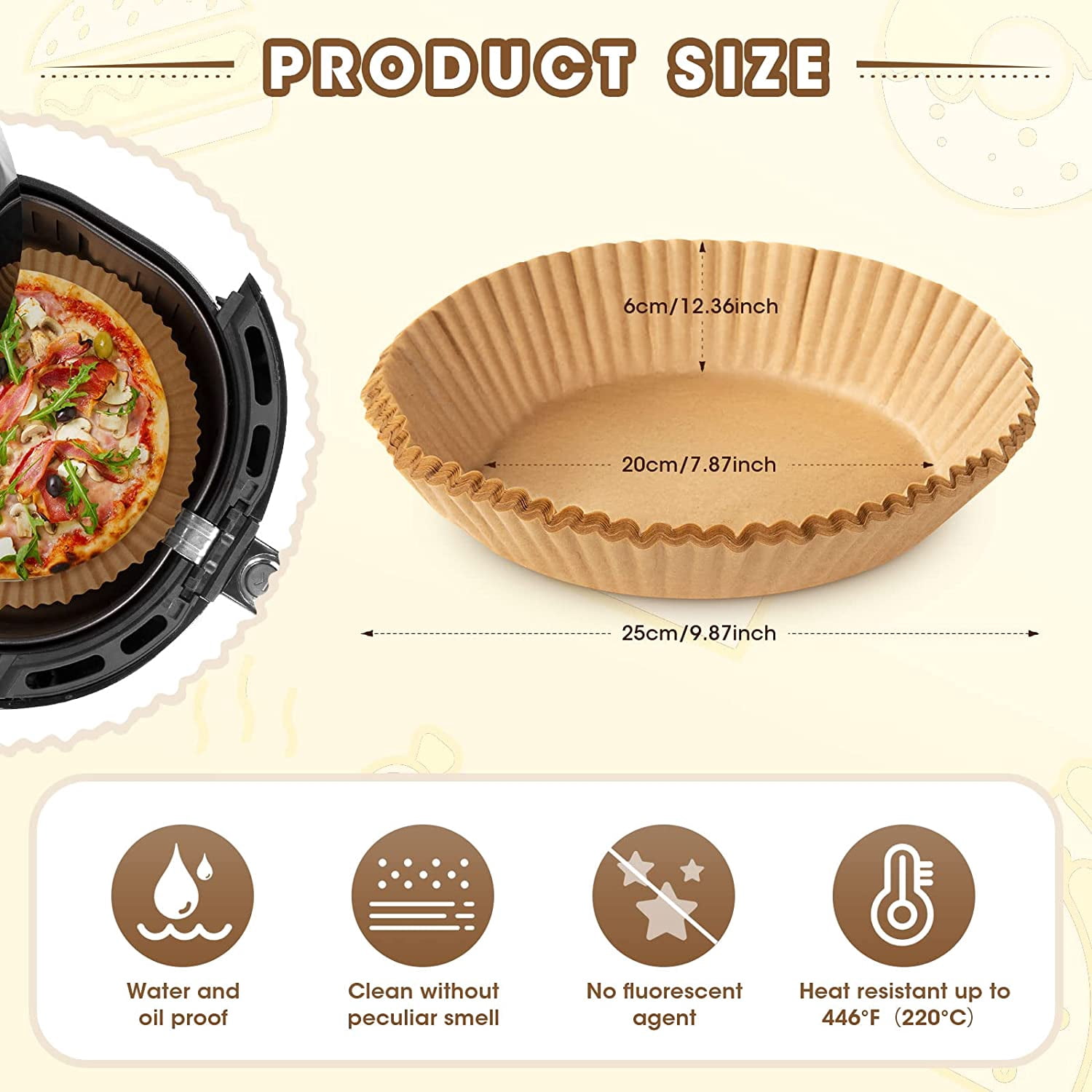 JJEAN-Air Fryer Disposable Paper Liners, 100 PCS Oil-proof, Water-proof, Non-stick Round Air Fryer Liners for Baking and Roasting