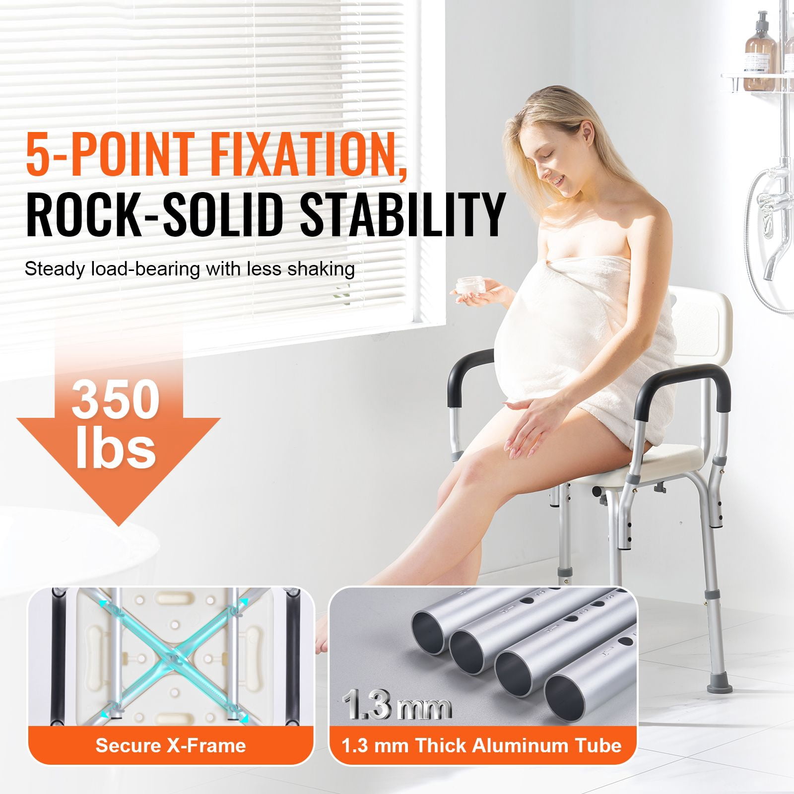Shower Chair with Armrests & Backrest, 350 lbs Capacity, Adjustable Height 15.35-20.47", Non-Slip, for Seniors Disabled