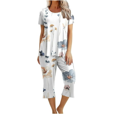

Kukoosong Summer Saving Clearance! Two Piece Outfits for Women Pajamas for Women Printing Round Neck Short Sleeve Sleepshirt and Pants Sets Loungewear Pajamas with Pockets Ivory White S