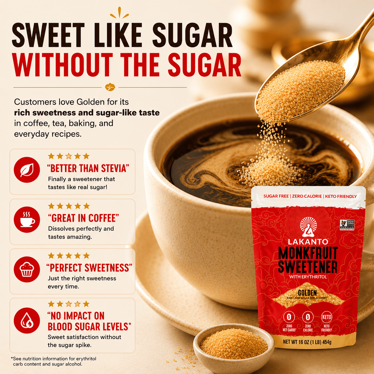 (2 pack) Lakanto Golden Monk Fruit Sweetener - Raw Cane Sugar Substitute, Zero Calorie, Keto Diet Friendly, Zero Net Carbs, Zero Glycemic, Baking, Extract, Sugar Replacement (Golden - 8.29 oz)