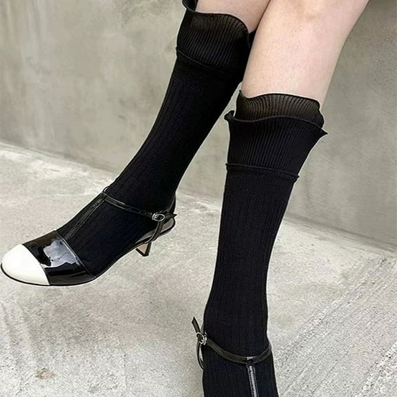 Nvzi -b 2 Pairs Casual Tube Socks Cotton Knee High Socks for Women Solid Knit Knee Long Stocking All Season Gift，Stretch，Soft（Black）