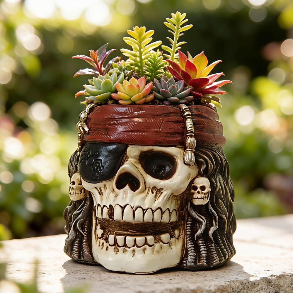 Pirate Skull Planter Flowerpot with Drainage Hole for Gothic Home Decor