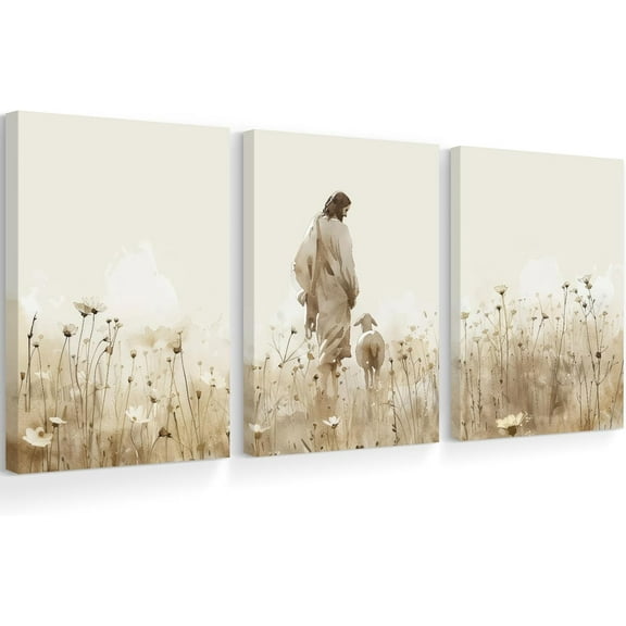 Jesus Leaves the 99 Sheep Wall Art Christian Canvas Poster Jesus and Lamb Wall Decor Religious Pictures Lost Sheep Painting God Christ Painting Artwork for Bedroom Living Room 12x16x3 Inch Unframed