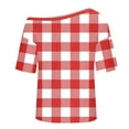 thumbnail image 5 of UAMVSH Off Shoulder Tops for Women Casual Plaid Oversized T-Shirt Comfy Soft Short Sleeve Tee Shirts Fashion Clothing, 5 of 6