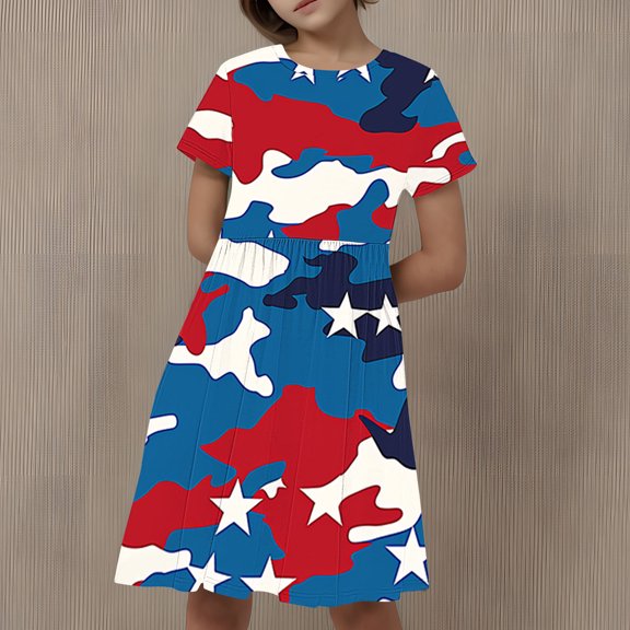 Babcutegg Teen Girls' Dress, Casual Dress Round Neck Graphic Pattern Girls Summer Dress Multicolor 7-8T