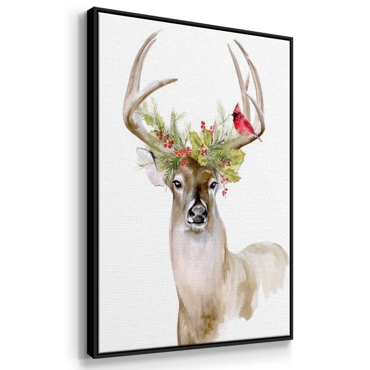 Holiday Deer I - Framed Gallery Wrapped Holiday Canvas - 17 x 25 - Black Frame