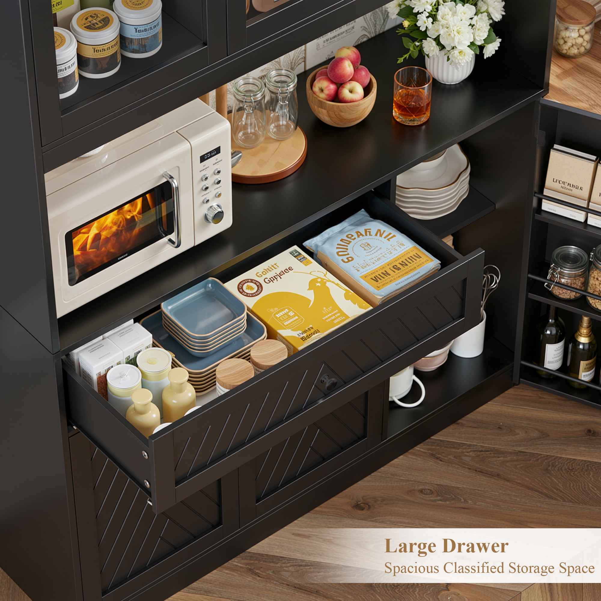 Hiphuta 72" Tall Modern Pantry Cabinet with Adjustable Shelves, Freestanding Kitchen Hutch Cabinet for Dining Room, Black