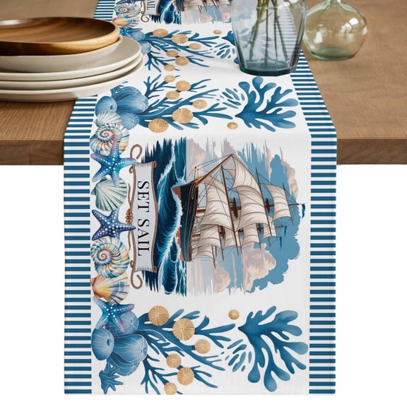 Ocean Set Sail Table Runner 72 Inches, Sailboat Sea Waves Blue Coral Coastal Starfish Bed Runner Dresser Scarves Tabletop for Indoor Outdoor Parties/Ceremony/Banquet, 13" x 72"