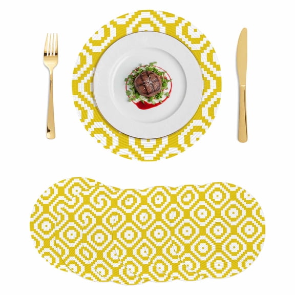 Yellow Geometric Round 13 Inch Placemats Set of 6, Modern Abstract Art Rhombus HeatResistant Non Slip Place Mats for Dining Table, Wipeable Braided Kitchen Table Mats for Housewarming