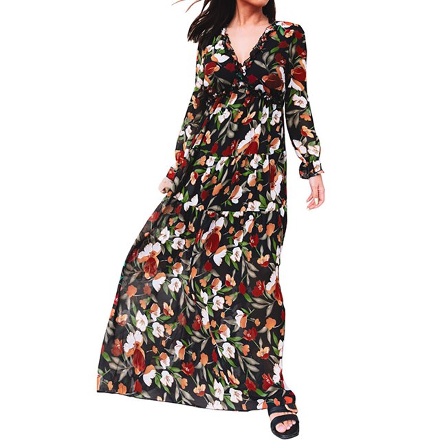 Gibobby Vestido de Verano para Mujer Vestido largo de manga de burbuja con cuello en V profundo para mujer con volantes y bordes estampados(Negro,G)