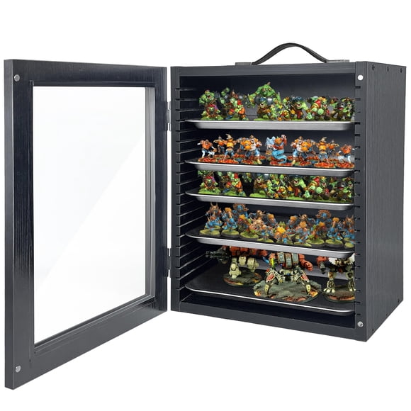 Boîte de Rangement Miniature pour Objets de Collection Miniatures, Mallette en Bois avec 5 Plateaux en Métal, Boîte de Transport Miniatures, Noir