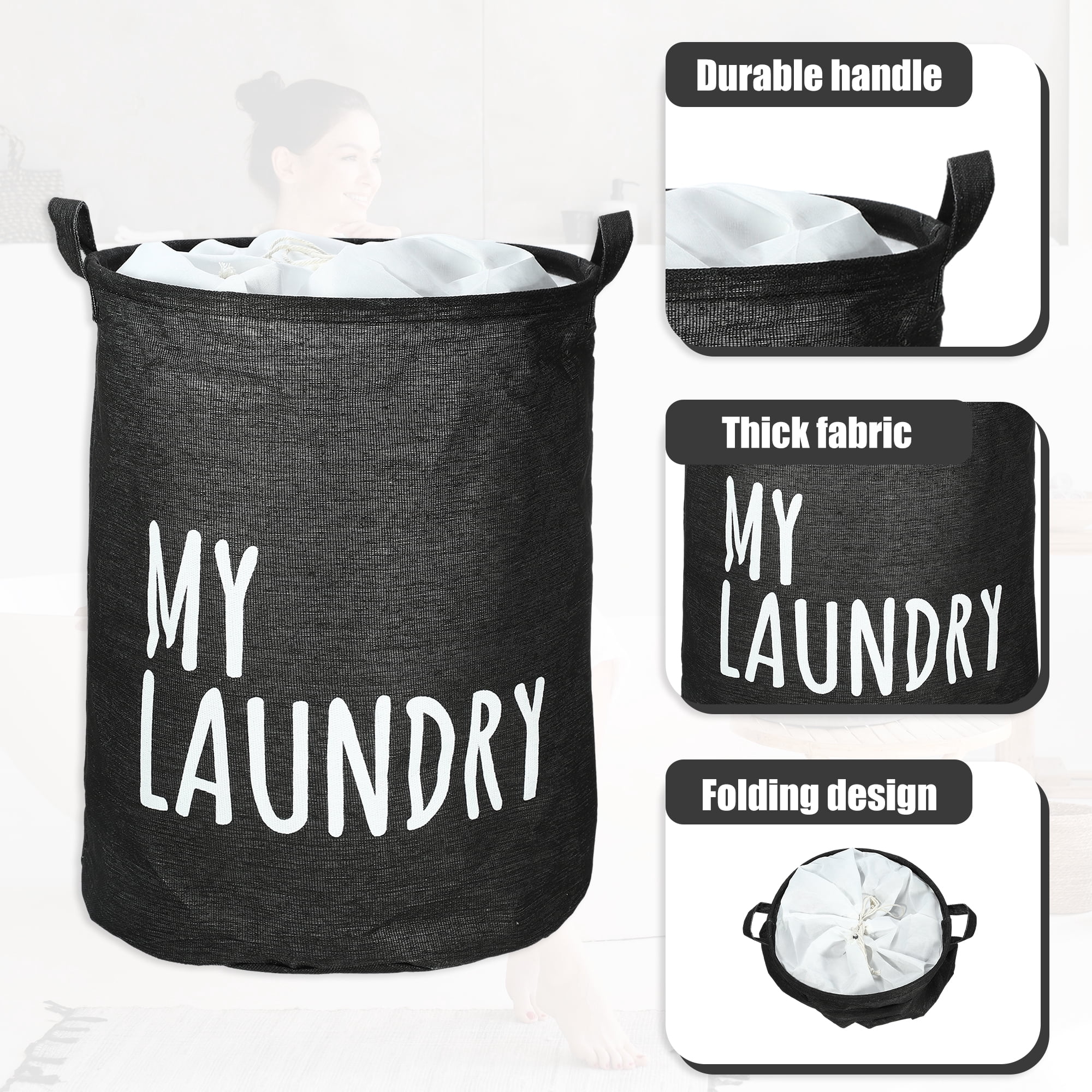 Unique Bargains Foldable Laundry Basket with Handle 1 Pc Black-15.75"x19.69"