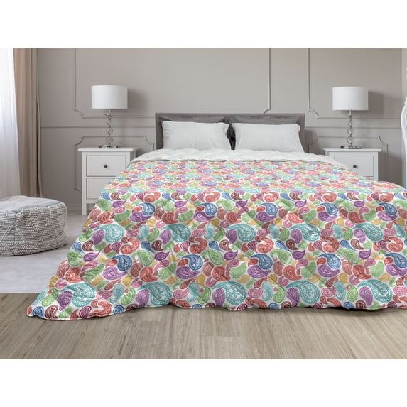 Paisley Down Alternative Comforter, Vivid Design with Flowers Dots Leaves and Ornamental Patterns Art Print, Microfiber Quilt for All Season, 5 Sizes, Multicolor, by Ambesonne