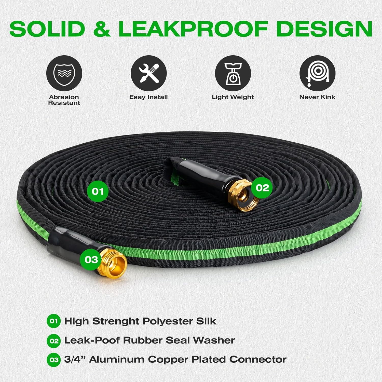 50FT Lightweight  Flexible Garden Hose - Kink-, Non-Expanding, Easy Storage for Yard Lawn Outdoor Use (Black-Green)