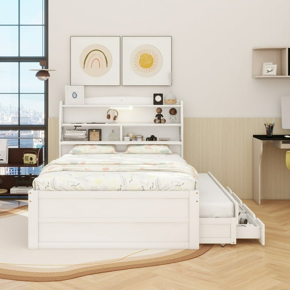 Full Size Wooden LED Platform Bed with Trundle, with Storage Headboard, with Drawers, White