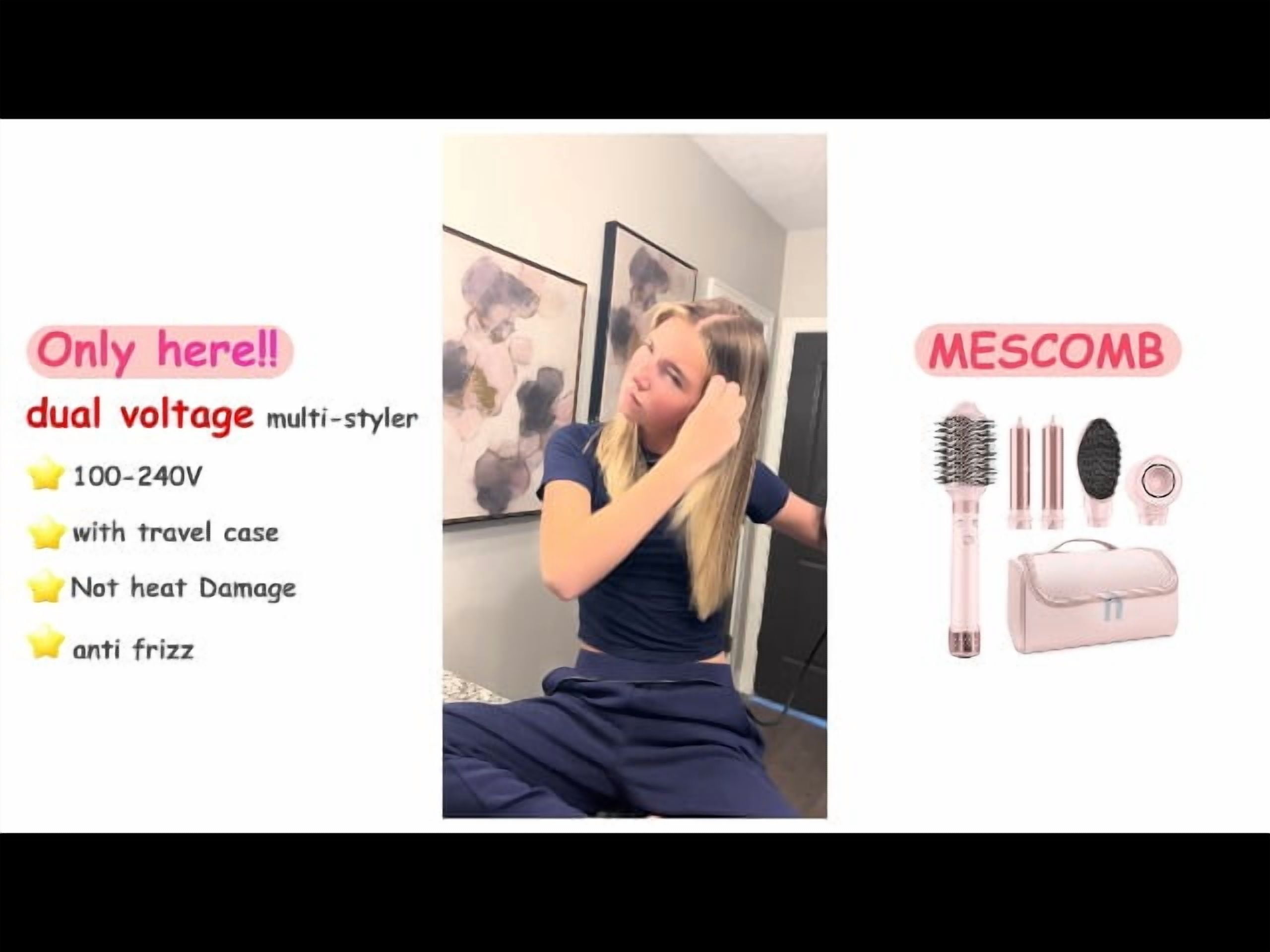 5 in 1 Hair Dryer Brush with Fast Drying Blow Dryer, Dual Voltage Hot Air Styler Wrap, Styling, Straightening & Volumizing with Travel Bag - Pink