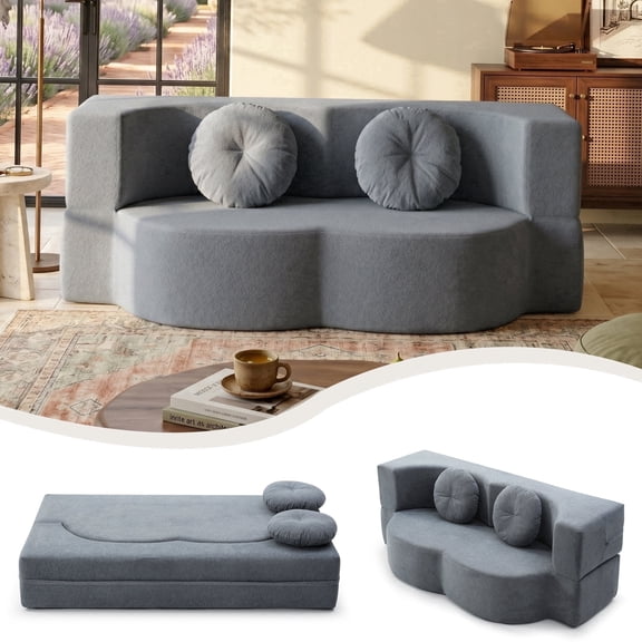CKEASEAN 76" Twin Size Folding Convertible Sofa Bed, Linen Deep Seat Boneless Couch Sofa with 2 Pillows, Memory Foam Loveseat, Pull Out Bed for Living Room, Apartment, Office, No Assembly Required