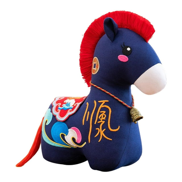 Mascota de recuerdo de caballo de peluche de Año Nuevo chino con bendición del zodíaco para adultos Rojo Azul Profundo 12cm