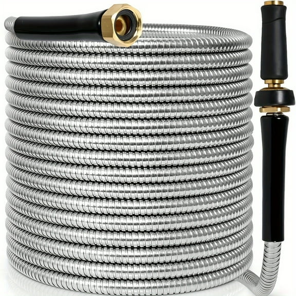 100ft Heavy-Duty Stainless Steel Garden Hose 3/4", Adjustable Nozzle, Durable Metal Coiled Hose, All-Season, for Outdoor Yard Gardening