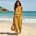 thumbnail image 6 of Women Linen Sets 2 Piece Outfits Boho Beach Travel Sets Sleeveless Ruffle Top Wide Leg Pants Lounge Matching Set,Yellow,XL, 6 of 7