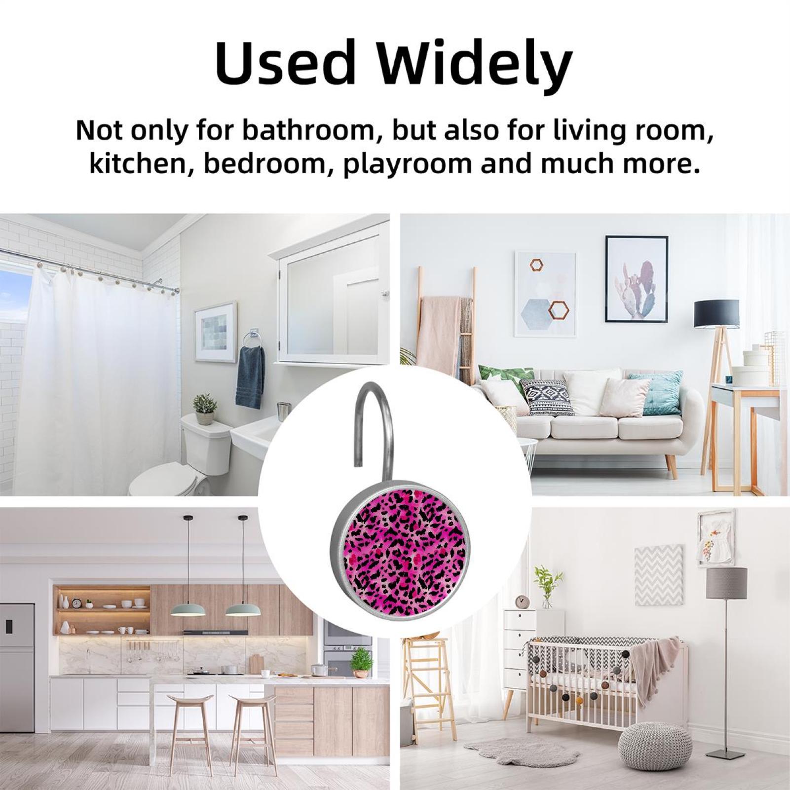 HemaKayy 12 Pcs Shower Curtain Hooks Bathroom Decorative Accessories Pink Kiss Leopard Pattern