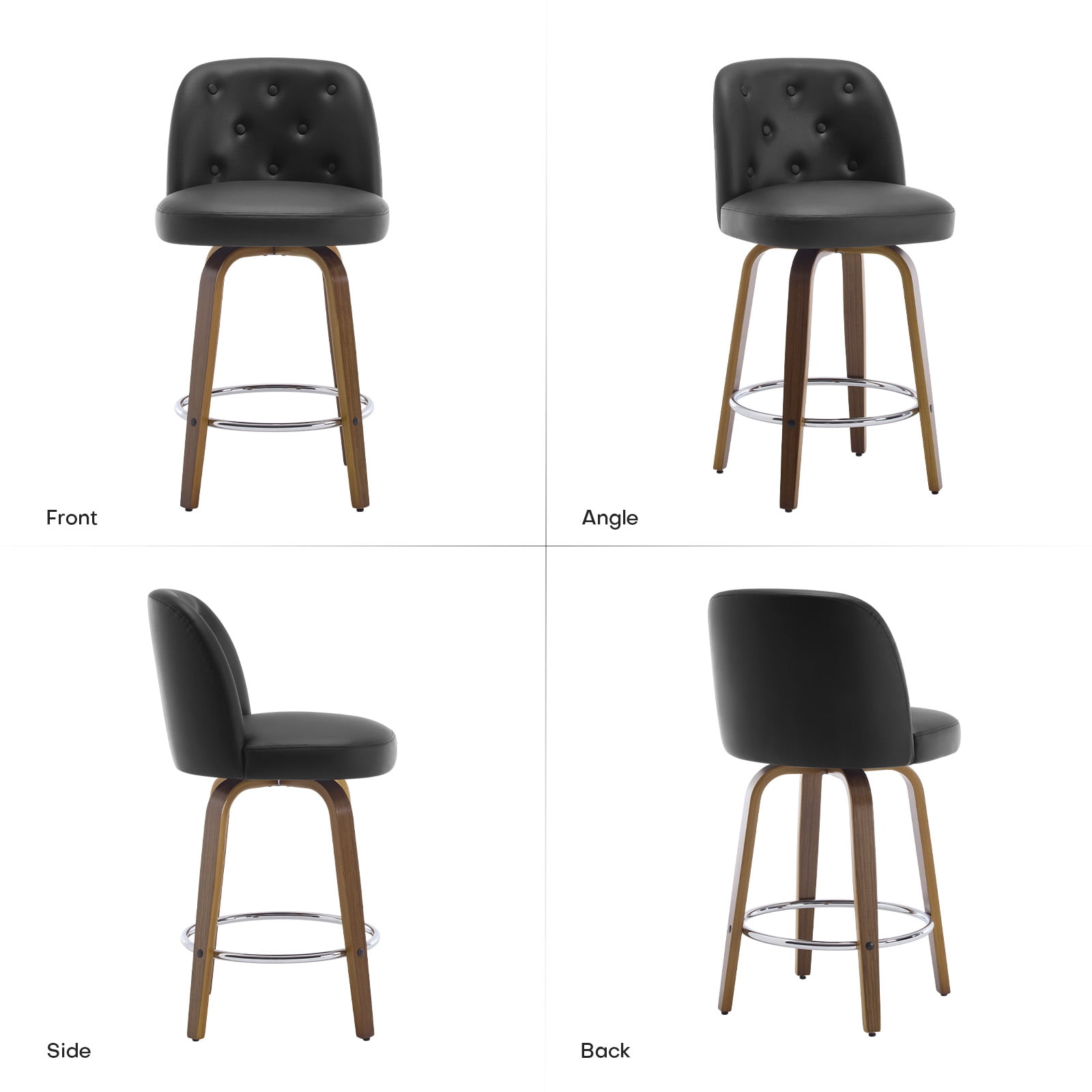 Foreate Swivel PU Bar Stools Set of 2, 26" Uholstered Leather with Button-tufted Mid-Back & Wood Legs, Modern Chair Kitchen Pub Island Counter Stool