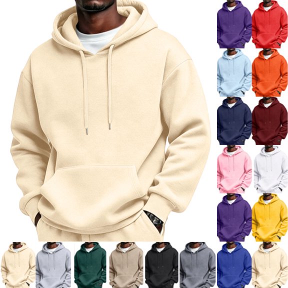 Mens Oversized Hoodies Long Sleeve Sweatshirts | Fall Winter Hooded Collar Drawstring Pullover With Pocket for Workout Gym Beige M