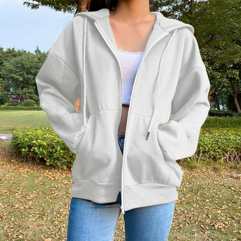 ZHIZAIHU Oversized Zip Up Hoodie for Women Baggy Loose Basic Zipper Hooded  Sweatshirt Coat Y2K Jacket White XL 