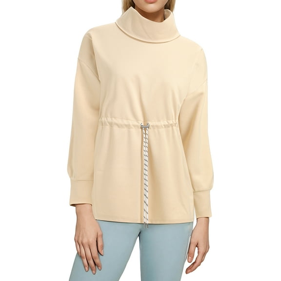 IWEMEK Women Sweatshirts Turtleneck Casual Loose Tops Drawstring Waist Beige Pullover Winter Clothes