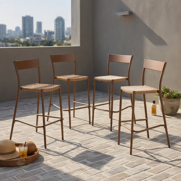 Hommoo Set of 4 Light Brown Patio Barstools with PE Rattan Seat & Metal Frame, Stackable Outdoor Bar Chairs for Backyard, Porch, Poolside, 29" Seat Height, Light Brown