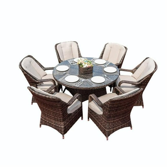 Direct Wicker PAD-1711-Brown Direct Wicker PAD-1711-Brown 7 Piece 6-Seat PE Rattan Wicker Outdoor Patio and Garden Round Dining Table Chair Set